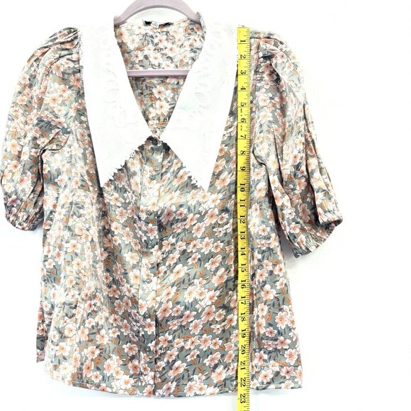 POLYGRAM Pink Floral Top with Lace Peter Pan Collar Womens M Metallic Sheen - Picture 9 of 10